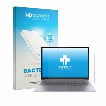 Parte frontal de un envase de producto con el logotipo de la marca upscreen. Al lado se muestra el dispositivo Lenovo ThinkBoo