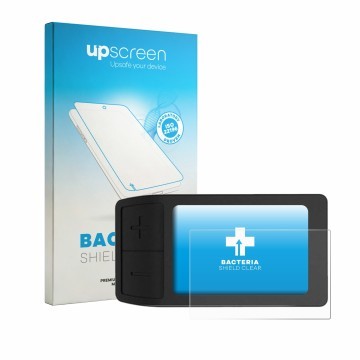 Parte frontal de un envase de producto con el logotipo de la marca upscreen. Al lado se muestra el dispositivo Gdfnmogo Bike C