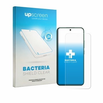 Parte frontal de un envase de producto con el logotipo de la marca upscreen. Al lado se muestra el dispositivo Oppo F33 con su