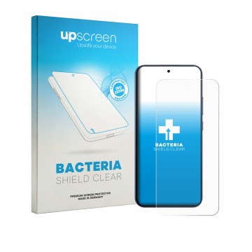 Parte frontal de un envase de producto con el logotipo de la marca upscreen. Al lado se muestra el dispositivo Oppo F33 Pro co