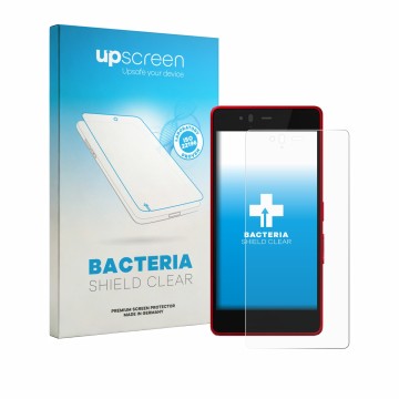 Face avant d’un emballage produit avec le logo de la marque upscreen. À côté, l’appareil Fujitsu Arrows M04 est représenté ave