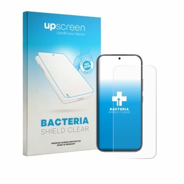 Parte frontal de un envase de producto con el logotipo de la marca upscreen. Al lado se muestra el dispositivo Honor 600 Pro c