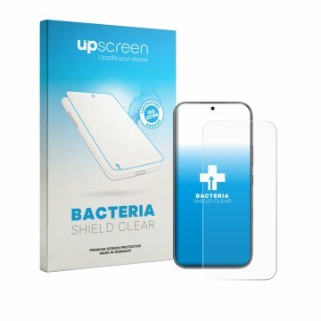 Parte frontal de un envase de producto con el logotipo de la marca upscreen. Al lado se muestra el dispositivo Honor 600 con s