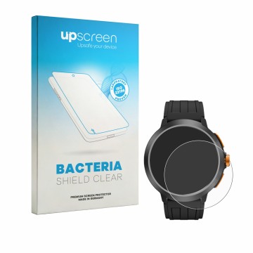 Parte frontal de un envase de producto con el logotipo de la marca upscreen. Al lado se muestra el dispositivo Cubot BeatBox c