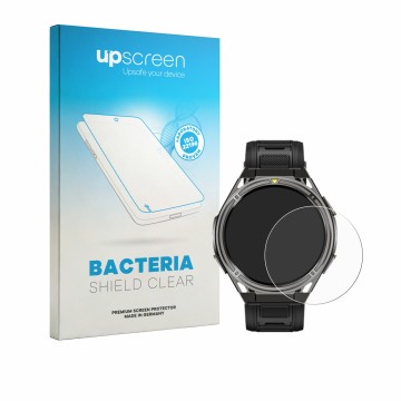 Parte frontal de un envase de producto con el logotipo de la marca upscreen. Al lado se muestra el dispositivo Cubot GT5 con s