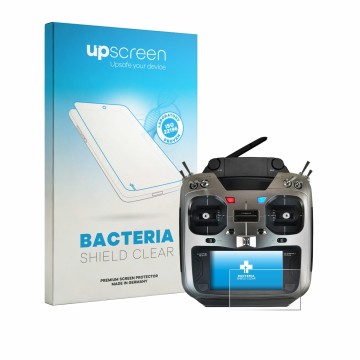 Parte frontal de un envase de producto con el logotipo de la marca upscreen. Al lado se muestra el dispositivo Robbe Futaba T1
