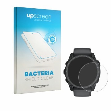 Parte frontal de un envase de producto con el logotipo de la marca upscreen. Al lado se muestra el dispositivo Garmin Tactix 8