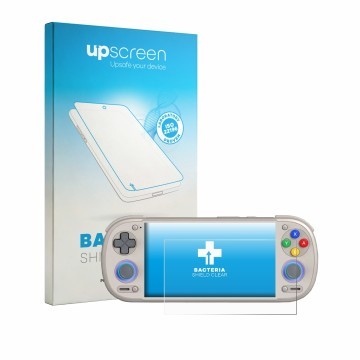 Face avant d’un emballage produit avec le logo de la marque upscreen. À côté, l’appareil Retroid Pocket 6 est représenté avec 