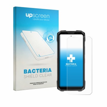 Parte frontal de un envase de producto con el logotipo de la marca upscreen. Al lado se muestra el dispositivo Doogee V Max 2 