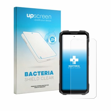 Parte frontal de un envase de producto con el logotipo de la marca upscreen. Al lado se muestra el dispositivo Doogee V Max 2 
