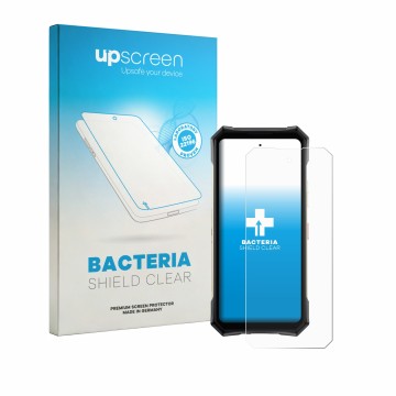Parte frontal de un envase de producto con el logotipo de la marca upscreen. Al lado se muestra el dispositivo Doogee S300 Pro