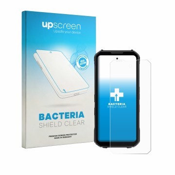 Parte frontale di una confezione del prodotto con il logo del marchio upscreen. Accanto è raffigurato il dispositivo Doogee V 