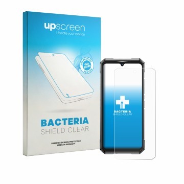 Parte frontale di una confezione del prodotto con il logo del marchio upscreen. Accanto è raffigurato il dispositivo Doogee S2