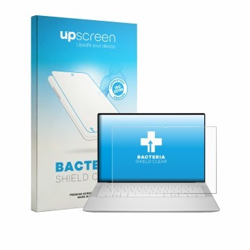 Parte frontal de un envase de producto con el logotipo de la marca upscreen. Al lado se muestra el dispositivo Dell XPS 14 DA1