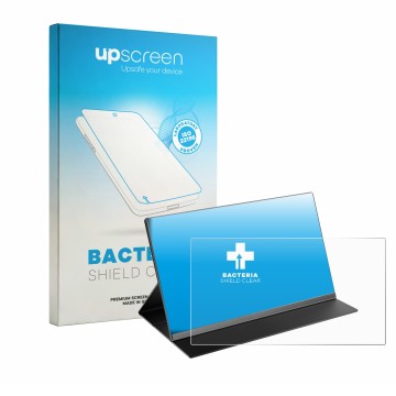 Parte frontale di una confezione del prodotto con il logo del marchio upscreen. Accanto è raffigurato il dispositivo Laptomo 1