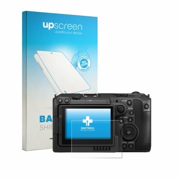 Vorderseite einer Produktverpackung mit dem Markenlogo upscreen. Daneben ist das Gerät Canon EOS C50 mit dem zugehörigen Displ
