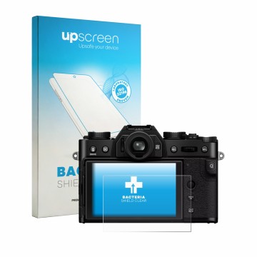 Parte frontale di una confezione del prodotto con il logo del marchio upscreen. Accanto è raffigurato il dispositivo Fujifilm 
