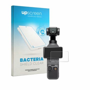 Face avant d’un emballage produit avec le logo de la marque upscreen. À côté, l’appareil DJI Osmo Pocket 4 est représenté avec