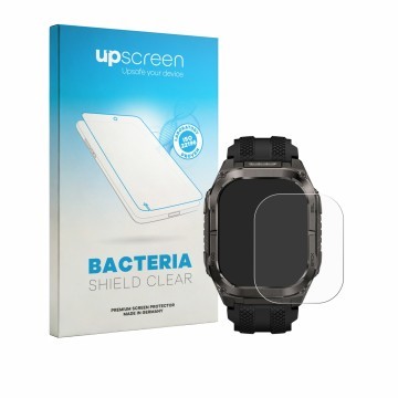 Parte frontal de un envase de producto con el logotipo de la marca upscreen. Al lado se muestra el dispositivo Kospet Tank M4C