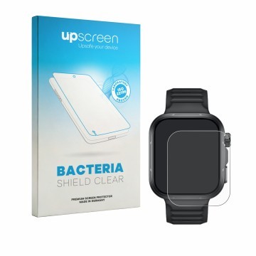 Parte frontal de un envase de producto con el logotipo de la marca upscreen. Al lado se muestra el dispositivo Huawei Watch Fi