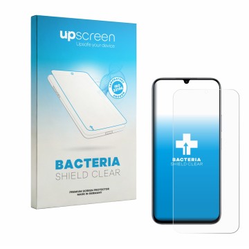Parte frontale di una confezione del prodotto con il logo del marchio upscreen. Accanto è raffigurato il dispositivo realme C1