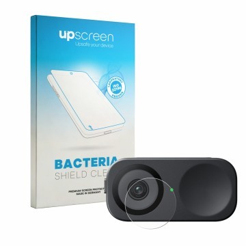 Front side of a product packaging with the brand logo upscreen. Next to it is the device Insta360 Link 2C (Lens) shown with th