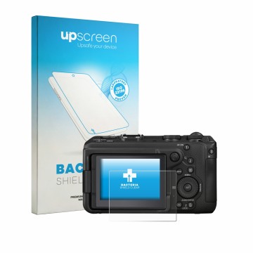 Parte frontal de un envase de producto con el logotipo de la marca upscreen. Al lado se muestra el dispositivo Canon EOS R6 V 
