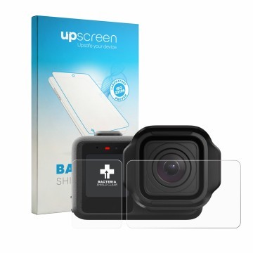 Vorderseite einer Produktverpackung mit dem Markenlogo upscreen. Daneben ist das Gerät GoPro Mission 1 mit dem zugehörigen Dis