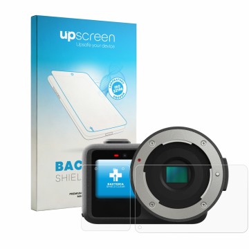 Face avant d’un emballage produit avec le logo de la marque upscreen. À côté, l’appareil GoPro Mission 1 Pro ILS est représent