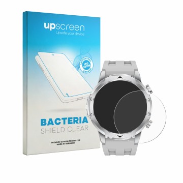 Face avant d’un emballage produit avec le logo de la marque upscreen. À côté, l’appareil FitVigor Smartwatch 1.53