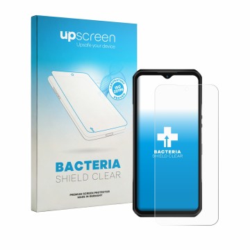 Vorderseite einer Produktverpackung mit dem Markenlogo upscreen. Daneben ist das Gerät Oukitel WP66 mit dem zugehörigen Displa