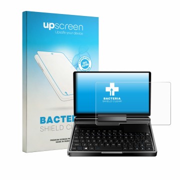 Parte frontale di una confezione del prodotto con il logo del marchio upscreen. Accanto è raffigurato il dispositivo GPD Micro