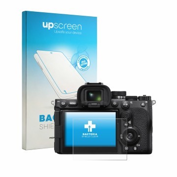Parte frontale di una confezione del prodotto con il logo del marchio upscreen. Accanto è raffigurato il dispositivo Sony Alph