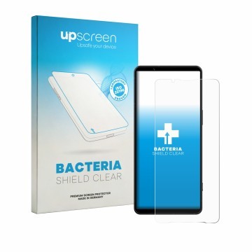 Vorderseite einer Produktverpackung mit dem Markenlogo upscreen. Daneben ist das Gerät Sony Xperia 1 VIII mit dem zugehörigen 