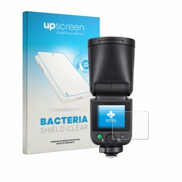 Front side of a product packaging with the brand logo upscreen. Next to it is the device Godox V1 mid shown with the correspon