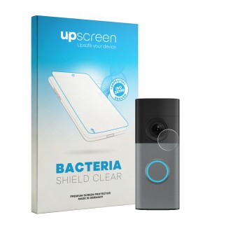 Vorderseite einer Produktverpackung mit dem Markenlogo upscreen. Daneben ist das Gerät Ring Wired Video Doorbell mit dem zugeh