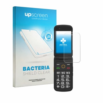 Parte frontal de un envase de producto con el logotipo de la marca upscreen. Al lado se muestra el dispositivo AGM M8 FLIP con