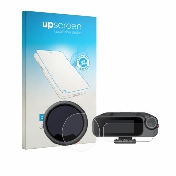 Vorderseite einer Produktverpackung mit dem Markenlogo upscreen. Daneben ist das Gerät Insta360 Mic Pro TX + RX mit dem zugehö