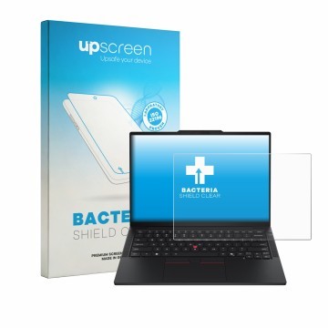 Parte frontal de un envase de producto con el logotipo de la marca upscreen. Al lado se muestra el dispositivo Lenovo ThinkPad