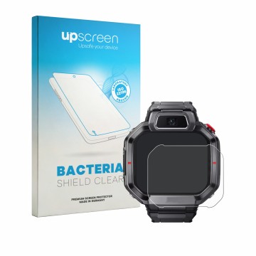 Face avant d’un emballage produit avec le logo de la marque upscreen. À côté, l’appareil Huawei Watch Kids X1 Pro est représen