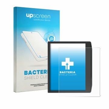 Parte frontal de un envase de producto con el logotipo de la marca upscreen. Al lado se muestra el dispositivo PocketBook Era 