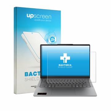 Parte frontal de un envase de producto con el logotipo de la marca upscreen. Al lado se muestra el dispositivo Lenovo IdeaPad 