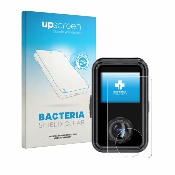 Parte frontal de un envase de producto con el logotipo de la marca upscreen. Al lado se muestra el dispositivo Vantrue E360 Ac