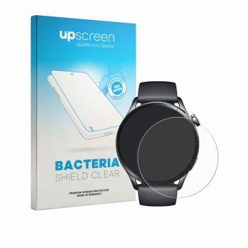 Face avant d’un emballage produit avec le logo de la marque upscreen. À côté, l’appareil Xiaomi Watch S5 est représenté avec l