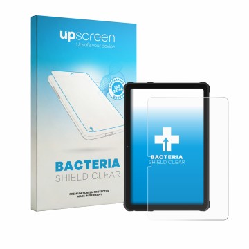 Parte frontal de un envase de producto con el logotipo de la marca upscreen. Al lado se muestra el dispositivo Oukitel RT10 co