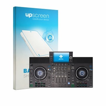 Face avant d’un emballage produit avec le logo de la marque upscreen. À côté, l’appareil Denon DJ SC LIVE 4 (Jog) est représen