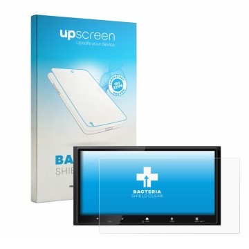 Parte frontal de un envase de producto con el logotipo de la marca upscreen. Al lado se muestra el dispositivo Kenwood DMX7525