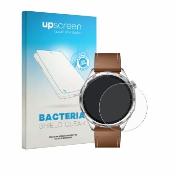 Parte frontal de un envase de producto con el logotipo de la marca upscreen. Al lado se muestra el dispositivo Honor Watch 6 c