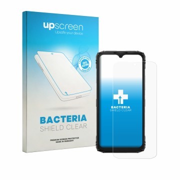 Face avant d’un emballage produit avec le logo de la marque upscreen. À côté, l’appareil Doogee Blade 10 Pro Energy est représ