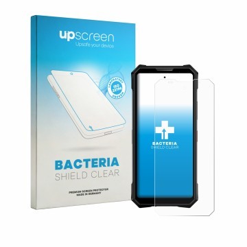Vorderseite einer Produktverpackung mit dem Markenlogo upscreen. Daneben ist das Gerät Doogee V50 Pro mit dem zugehörigen Disp